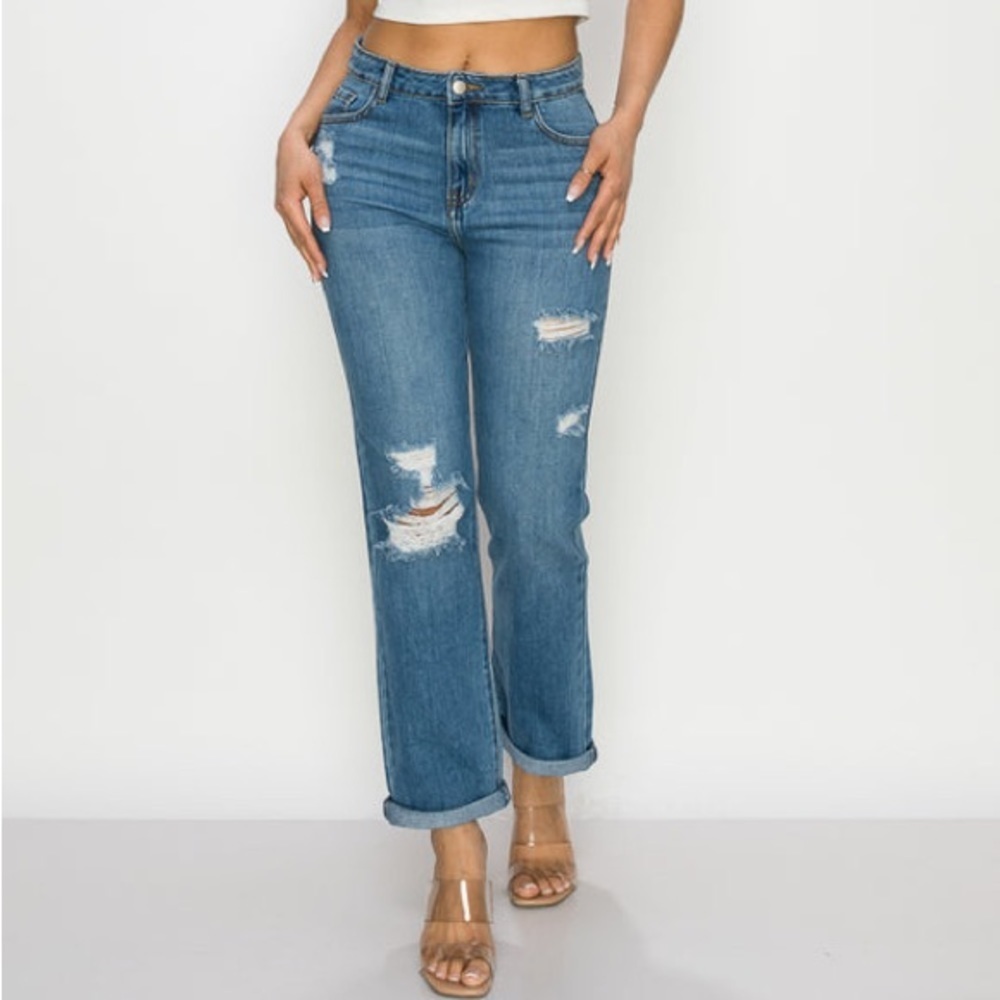 ENCORE JEAN HIGH RISE DESTRUCTED ROLL CUFF STRAIGHT SIZE 7